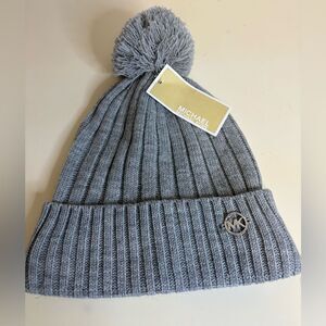 Michael Kors Gray Ribbed Beanie with Pom-Pom